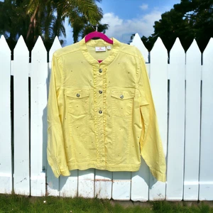 Quacker Factory Lemon Yellow Rhinestone Denim Jacket Size XL Worn Once - Picture 1 of 8
