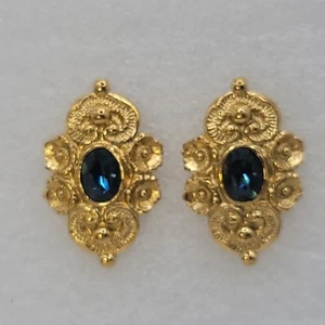 Stunning 1928 Victorian Style Gold Tone Blue Stone Pierced Earrings - Picture 1 of 14