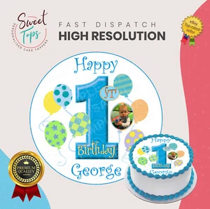 1st BIRTHDAY + PHOTO ROUND EDIBLE BIRTHDAY CAKE TOPPER DECORATION PERSONALISED - Picture 1 of 1