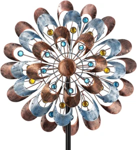 Wind Spinner Large Metal Windmill Blue Copper Blades Kinetic Outdoor Decoration - Picture 1 of 9