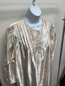 Vintage Unlabeled Peach Floral Pleated Button Up Full Length Nightgown - Picture 1 of 9