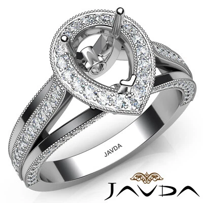 Halo Micro Pave Diamond Engagement Pear Semi Mount Milgrain Edge Ring 0.90Ctw - Image 1 of 4