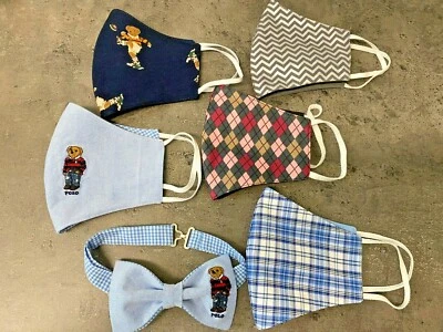 Adult Reversible Face Mask Two Way 2 n 1 Argyle Chevron Rugby Bear Plaid Bow tie - Image 1 of 4