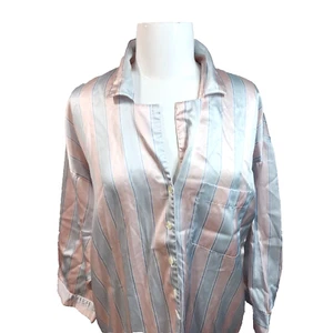 Vtg Miss Elaine Women M Satin-feel Stripe Button Down  Long Sleep Shirt Pajama - Picture 1 of 12