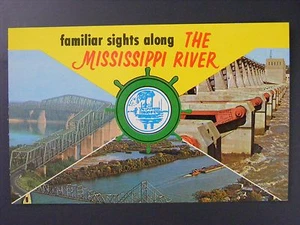 Barcaza presa puente río Mississippi vistas familiares color postal años 50 vintage - Imagen 1 de 2