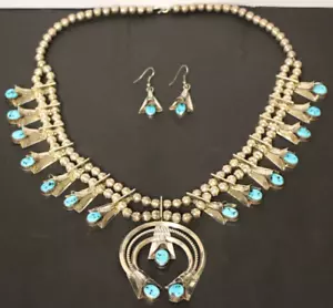 Native American Frank Yazzie Squash Blossom Turquoise Sterling Necklace+Earrings - Picture 1 of 16