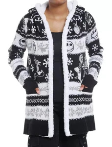 The Nightmare Before Christmas XL Fair Isle Sherpa Girls Open Cardigan POCKETS - Picture 1 of 7