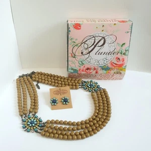 Plunder Vintage Jewelry Set Earrings Tiered Olive Beaded Necklace Faux Turquoise - Picture 1 of 11