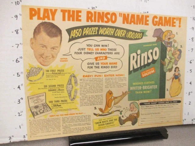 Anuncio de periódico 1952 concurso RINSO Arthur Godfrey Disney Blancanieves dibujos animados Foto 1 de 1