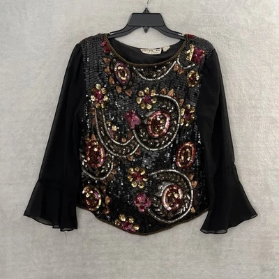 Scala женщин блузка верхний черный большой геометрический бисером шелк длинным рукавом круглый вырез - Изображение 1 из 4