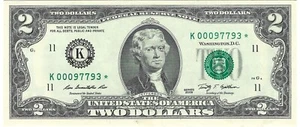 2009 $2.00 Bill Uncirculated Star Note* K-00097793* Low Run/ Low Print - Picture 1 of 2