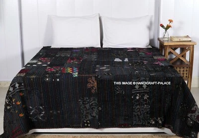 Seda Colcha Patchwork Negro Rey Handmade Colcha Kantha Colcha India Bohemio - Imagen 1 de 3