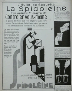 PUBLICITÉ DE PRESSE 1926 HUILES DE SÉCURITÉ LA SPIDOLEINE GRAISSER VOTRE VOITURE - Picture 1 of 1