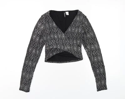 Camiseta recortada de poliamida geométrica negra para mujer H&M talla S cuello en V Foto 1 de 4