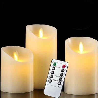 Set of 3 LED Flameless Pillar Candles Flickering Battery Operated With Remote