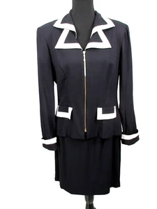 Tuta blazer e gonna midi nuova con etichette DAWN JOY 2 pezzi full zip taglia 9/10 nero bianco VINTAGE - Foto 1 di 24