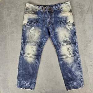 AKOO No Rivals Jeans Distressed Bleached Denim Stars Slash Pockets Mens 44x33 - Picture 1 of 15
