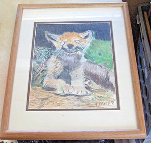 Original gerahmtes Gemälde signiert Katze Bob wild frisst Gras J Zitrone 99 Bleistift  - Bild 1 von 5