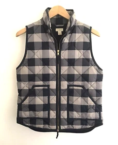 J.CREW Women Quilted Vest Blue Plaid Full Zip Sz S Preppy Gold Zipper Equestrian - Picture 1 of 8