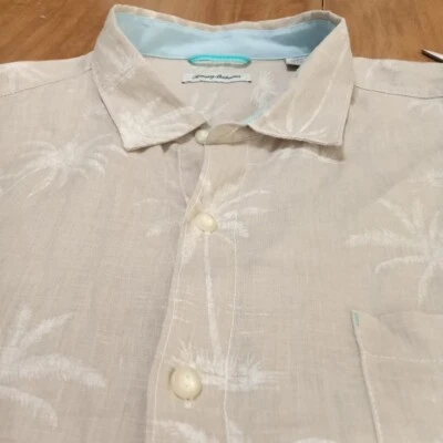 Tommy Bahama XXL Men's Hawaiian Shirt 100% Linen Beige Long Sleeve Palm Trees - Image 1 of 4