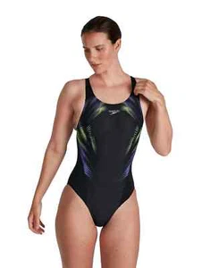SPEEDO Damen Placement Recordbreaker Badeanzug 8-09015H042 UK18 schwarz-gelb - Bild 1 von 4