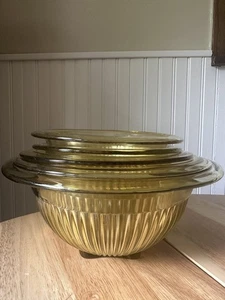 Vtg yellow amber federal glass Depression ribbed stacking nesting bowls set of 5 - Picture 1 of 12