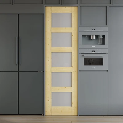 Losa de puerta de madera de vidrio esmerilado preconstruida de 5 paneles 24X80, puerta corredera de madera de granero con Foto 1 de 4