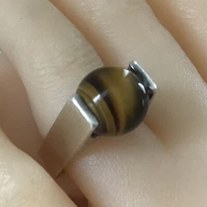 Silver 925 Danish Modernist Tigers Eye Ring Set In Angular Shank Size M - Picture 1 of 6