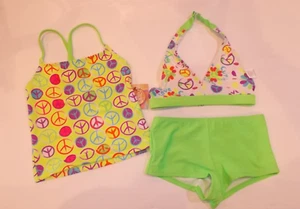 OP Girls Size 6/6X Green Peace Sign 3-Piece Bikini Tankini Swimsuit Set - Picture 1 of 6