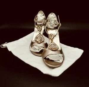 Stuart Weitzman Silve/Gold T-Strap Heels w/ Gemstones US 7M - Picture 1 of 10