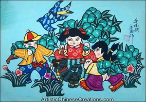 Chinese Folk Art Painting - Chinese Peasant Painting - Happy Kids - Picture 1 of 1