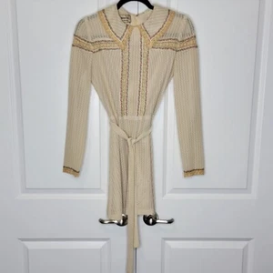 Vintage 70's Young Edwardian Arpeja Cottagecore Floral Trim Beige Dress Size 7 - Picture 1 of 11