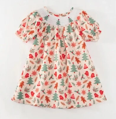 NEW Boutique Christmas Tree Girls Smocked Embroidered Dress - Image 1 of 4