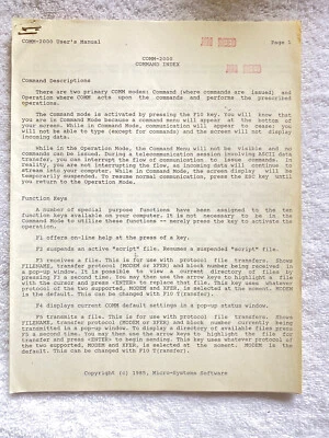 COMM-2000 Command Index 15 Page User Manual 1985 Micro-Systems Software - Image 1 of 4