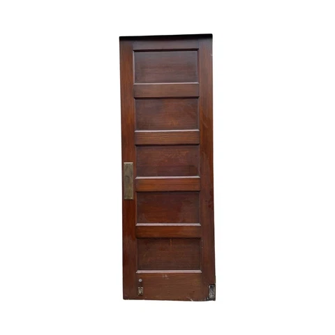 Antique c1911 Five-Panel Pine Swinging Door All Hardware Brass Handle Push Plate Cover