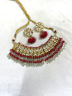 Bollywood Indian Gold Plated Pachi Kundan Red Maroon Choker Necklace Jewelry Set