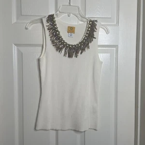 Ruby Rd Cream Feathered Embellished Neckline Tank Top Petite Medium Ribbed - Picture 1 of 9