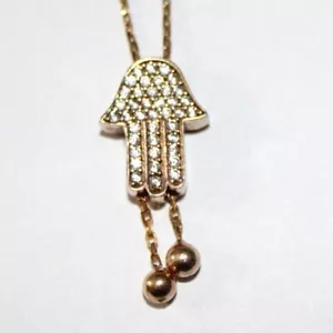 Sterling Silver Gold Tone Cubic Zirconia Hamsa Lariat Necklace - Picture 1 of 6