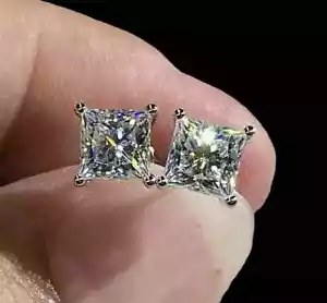 2 Ct Princess Cut VVS1/D Lab Created Stud Earrings 14k White Gold 6mm Push Back - Picture 1 of 4