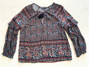 American Eagle Womens M Peasant Top Blouse Multicolor Floral Boho Ruffle Tassel - Picture 1 of 7