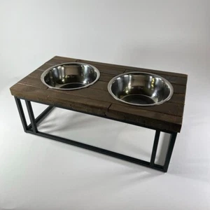 Pet Dog Cat Food Water Bowl Elevated Double Dish Holder Wood Top Metal Stainless - Picture 1 of 6