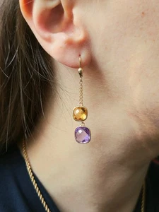 New 9ct Yellow Gold Drop Earrings 5grams Amethyst and Citrine Big Stones - Picture 1 of 10