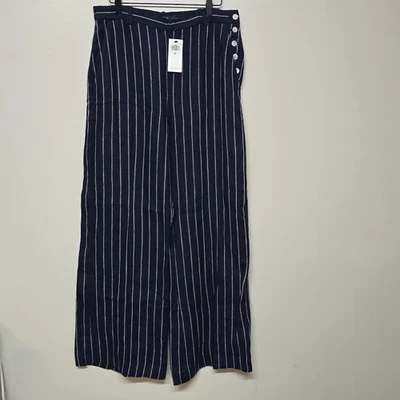 Polo Ralph Lauren Women’s Navy White Pinstripe Wide Leg Linen Pants Sz 10 $328 - Image 1 of 4