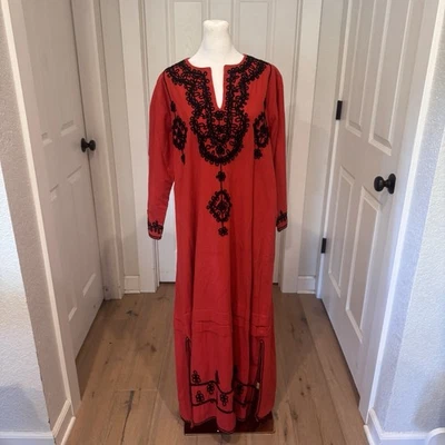 Vtg  70s Red Black Asian Inspired Kaftan Maxi Dress Cotton Boho Hippie Thailand — 第 1/4 张图片