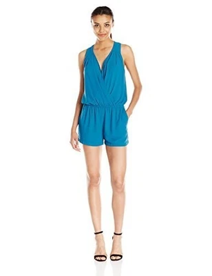 Women's Turquoise Blue Crossover Front Gathered Waist Playsuit Romper - 10 / 12 - image 1 of 4