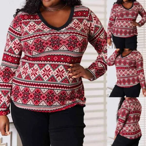 Plus Size Women Christmas Print T-Shirt Tops Ladies Long Sleeve Casual Blouse US - Picture 1 of 14