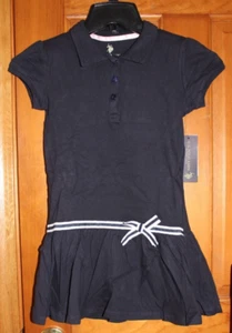 NWT Girls U.S. POLO ASSN Pleated w/Bow NAVY BLUE Uniform Dress Size 5/6 Medium - Picture 1 of 7