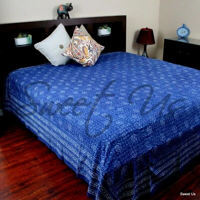 Colcha de algodón con estampado de bloques de mano mantel tapiz azul índigo Foto 1 de 4