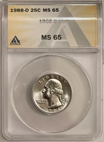 1988 D 25c MS65 Washington Quarter Anacs Graded Certified Cover