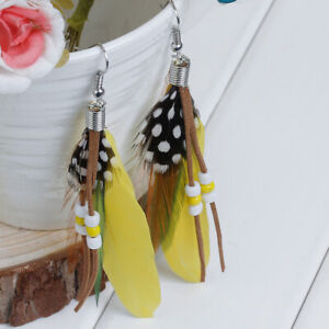 Natural Feather Tassel Earrings White & Yellow